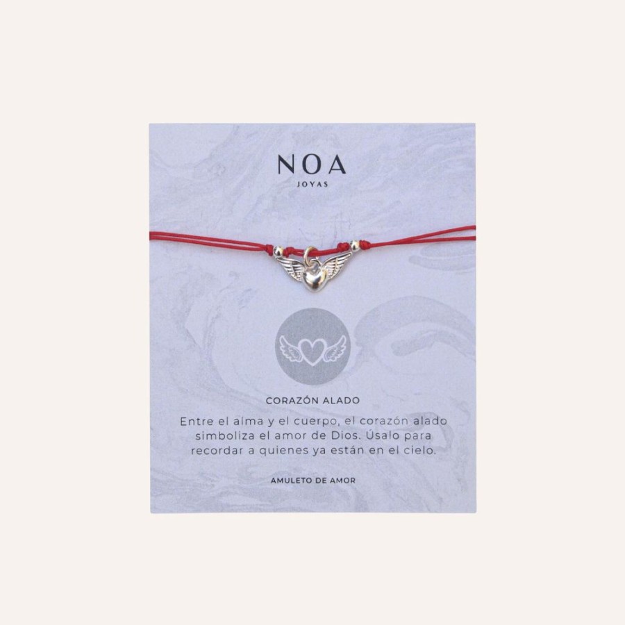 Pulseras noa joyas | Pulsera Hilo Rojo Corazon Alado Plata