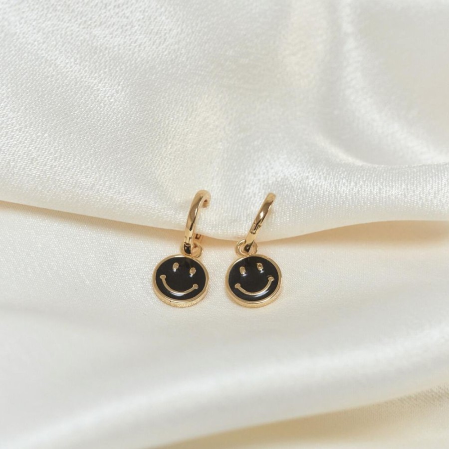 Aros noa joyas | Argollas Smiley Black Bano De Oro