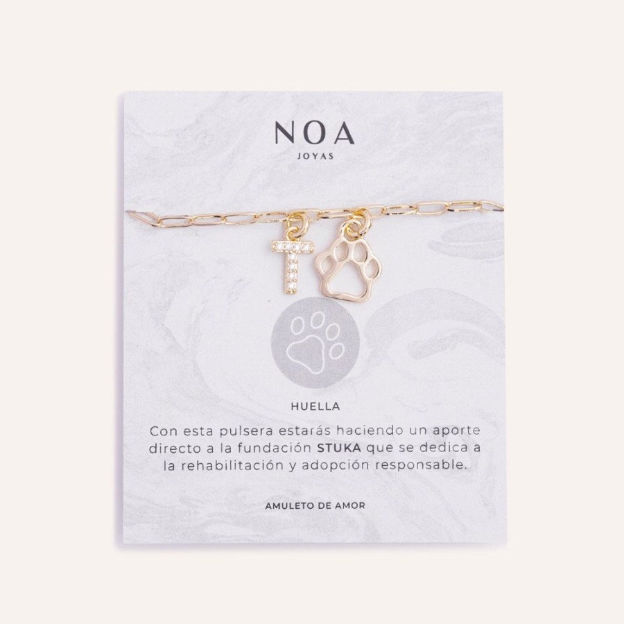 Pulseras noa joyas | Pulsera Amuleto Huella + Inicial Bano De Oro